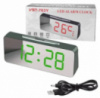 Настольные часы с будильником от сети и от батареек с зеркальным дисплеем, зелёной подсветкой температура дата