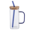 Чашка стеклянная 400 мл с бамбуковой крышкой и синей трубочкой HP-19-146BL