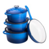 Набор чугунной посуды для приготовления 3 кастрюли и сковорода с эмалированным покрытием Синий HP-1-8