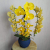 Штучна латексна орхідея VIP у синьому керамічному кашпо на три гілки жовта