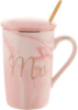 Кружка фарфоровая Coffee Prelude «Mrs» 420мл с крышкой и ложкой, розовый мрамор