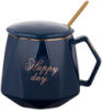 Кружка фарфоровая Coffee Prelude «Happy Day» 420мл с крышкой и ложкой, синяя