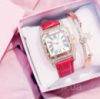 Женские часы Zexil  с розовым ремешком из экокожи + браслет Красный