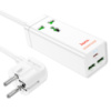 Сетевой фильтр HOCO AC9A на 1 розетку + 2 USB+USB-C, 30W, 220В, кабель 1,5м, White, Box