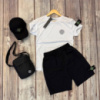 Комплект Stone Island 4 в 1 - футболка шорти кепка сумка, білий з чорним