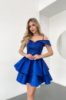 Коктейльна Сукня Атлас Паєтка Відкриті Плечі 25023 Синя
