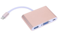 Конвертер Type-C (папа) на VGA(мама)+USB 3.0(мама)+Type-C(мама) 10cm, GOLD, 4K/2K, Пакет