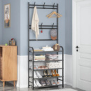 Полочка с вешаком для прихожей 25х60х150, Органайзер для обуви и одежды с 4 полками, Черного цвета