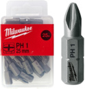 Біта MILWAUKEE, PH1, 25мм, (25шт), пластикова коробка