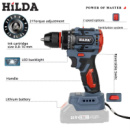 Тушь бесщеточная дрель HILDA 21v 10 мм для DIY / Professional аккумуляторная бесщеточная дрель-шуруповерт