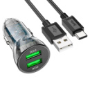 Набор АЗУ 12-24V HOCO Z47+ кабель Type-C, 2xUSB 3.0, 2.4A, кабель 1м, Black, Box