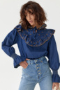 Джинсова вишита блуза з рюшами — джинс-колір, S (є розміри)