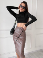 Шкіряна спідниця міді з розрізом «Lorren» оптом Мокко, 46