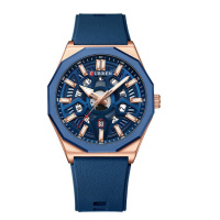Чоловічий годинник Curren 8437 Gold-Blue з силіконовим ремінцем та мінеральним склом