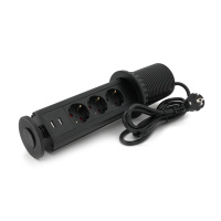 Сетевой фильтр встраиваемый в столешнишцу, 3 Розетки + 2 USB, сечение 3х0,75мм,16А, 250V, 2 м, Black, круглый, диаметр 80мм, Box