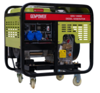 Генератор дизельный GENPOWER GDG 12000E, 1-фазный 230V, 50Hz, 12kVA/9.6kW, бак 30 л, расход 0,28 л/кВтЧ, пуск: стартер (без АКБ)/AVR, 770х820х530 мм,