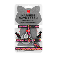 Шлея з повідцем для котів та дрібних порід собак WAUDOG Nylon з QR паспортом, малюнок «Банани на рожевому», пластиковий фастекс, XS, Ш 10 мм, В...