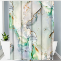 Шторка для ванной и душа 180x180 см водостойкая, шторка для ванной комнаты с кольцами и крючками, мраморно-зелёный принт