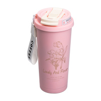 Термочашка Flower Style 500 мл з трубочкою і подвійним відкриванням, рожевий