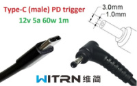 Переходник на 12v (max 5a, 60w) 3.0x1.0(0.9/1.1)mm 1m з USB Type-C (male) Power Delivery PD (WITRN) тригер (A class) 1 день гар.