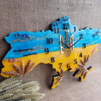 Годинник 40х25 см настінний з епоксидної смоли ручної роботи «Карта України» з колосками та гербом