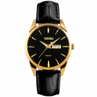 Жіночий класичний годинник Skmei 9073GDBK-S Gold-Black зі шкіряним ремінцем та календарем