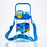 Бутылка для воды детская с трубочкой 550 мл с ручкой и ремешком 19 см Синий HP-18-3BL