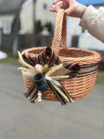 Кошик круглий «Болерка» ∅ 32 см з декором в етностилі з натуральної лози з ручкою для Великодня, пасхальна корзинка