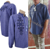 50-60 Чоловіча синя вишиванка вишита сорочка етно, Мужская синяя вышиванка