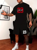 Модний чоловічий чорний літній спортивний костюм-двійка з яскравим дизайном