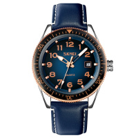 Чоловічий класичний годинник Skmei 9232LRGBU Rose-Gold Blue Leather з синім шкіряним ремінцем