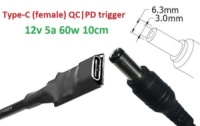Переходник на 12v (max 5a, 60w) 6.3x3.0mm 8-10cm з USB Type-C (Female) Quick Charge Power Delivery QC|PD тригер (A class) 1 день гар.