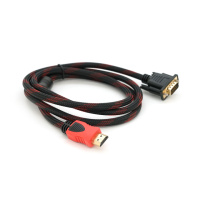 Кабель HDMI (папа)-VGA (папа) 1,5м, 1 феррит, оплетка, круглый Black/RED, Пакет (работает только с конвертором), Q150