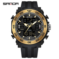 Чоловічий спортивний годинник Sanda 6029 Black-Gold з комбінованим циферблатом та захистом 5 ATM