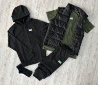 Комплект 5 в 1 Прапор чорна кофта на змійці + чорні штані + чорна жилетка + хакі футболка + 2 пари шкарпеток (чорні та білі)