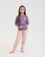 Піжама на дівчинку-підлітка - Котики на штанях - кофтинка в рубчик - Family look мама/донька 8-9, 10-11, 12-13, 14-15 років