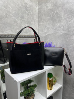 Натуральний замш. Чорний з червоним — комплект сумка + клатч — на блискавці, зі знімним ременем у комплекті (2010-1)