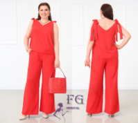 Літній жіночий костюм з широкими брюками «Ясмін» оптом | Батал | Розпродаж моделі Червоний, 52