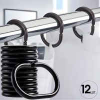 Крючки-кольца для ванной комнаты и душа для ванной шторки в ванную комнату пластиковые, 12 штук,черные
