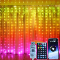 Новорічна гірлянда-штора з пультом та керуванням з телефону SFK-06 Bluetooth USB 3х3 метри