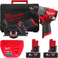 Набір з 2х інструментів акумуляторних безщіткових MILWAUKEE, M12FPP2G2-402X (зарядний пристрій С12, 2 акумулятори М12 В4 4Аг, др