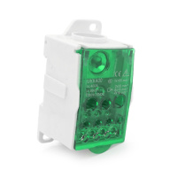 Параллельный разветвитель-сплиттер проводов UKK400, 11 выходов (латунь) 2х35мм²+5х16мм²+4х10мм², вход 1х185мм², AC/DC 1000V, 400А, 95*50*50мм, GREEN