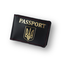 Обложка для ID-паспорта «Герб Украины+Passport», черная с позолото,красная нить.