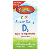 Вітамін D3 для Дітей у Краплях, 600 МО, Kid's Super Daily D3, Carlson, 2.54 мл
