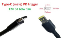 Переходник на 12v (max 5a, 60w) Square tip 7.50x2.89mm (NO pin) 1m з USB Type-C (male) Power Delivery PD тригер (A class) 1 день гар.