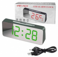 Настольные часы с будильником от сети и от батареек с зеркальным дисплеем, зелёной подсветкой температура дата