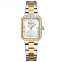Жіночий годинник Curren 9102 Silver-Gold-White класичний прямокутний з металевим браслетом