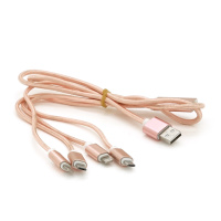 Кабель USB 2.0 DATA CABLE 2Lightning/2microUSB, 1.0м, круглый, Pink, Box