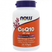 Коэнзим Q10 с Рыбьим Жиром, CoQ10 with Omega-3, Now Foods, 60 мг, 120 вегетарианских капсул