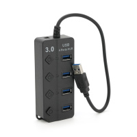 Хаб USB 3.0 4 порта, Black, 5Gb/s питание от USB, с кнопкой LED/Blue на каждый порт, Blister